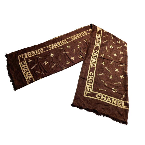 CHANEL Brown & Gold 100% Silk Reversible Shawl Wrap Scarf - Picture 3 of 16